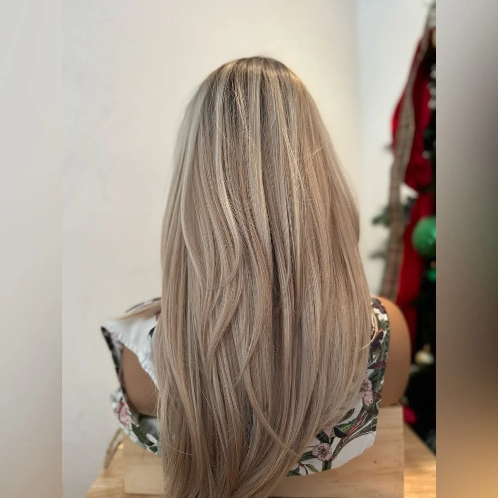 Classic Cap Wig Long Straight Blonde Balayage with Curtain Bangs, Natural Layers